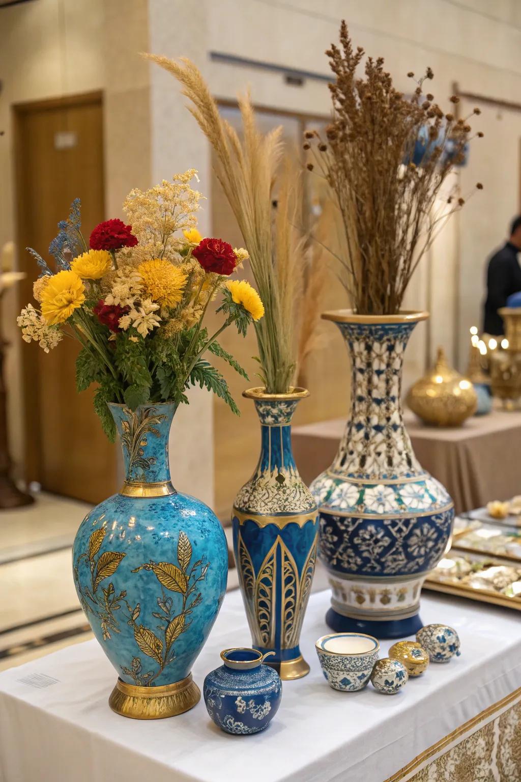 Institution hues proudly showcased in a centerpiece.