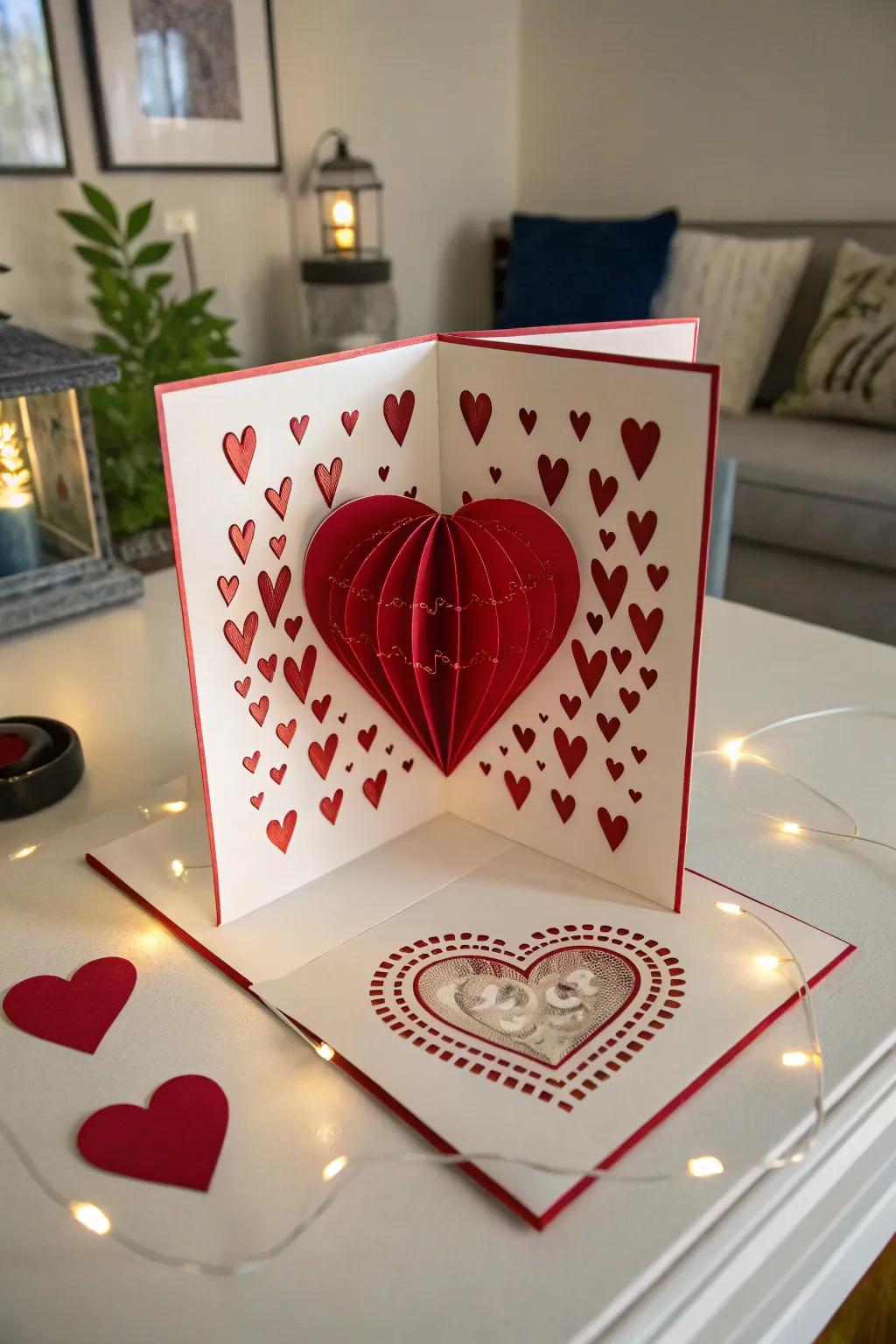 A delightful pop-up heart card that surprises and delights.