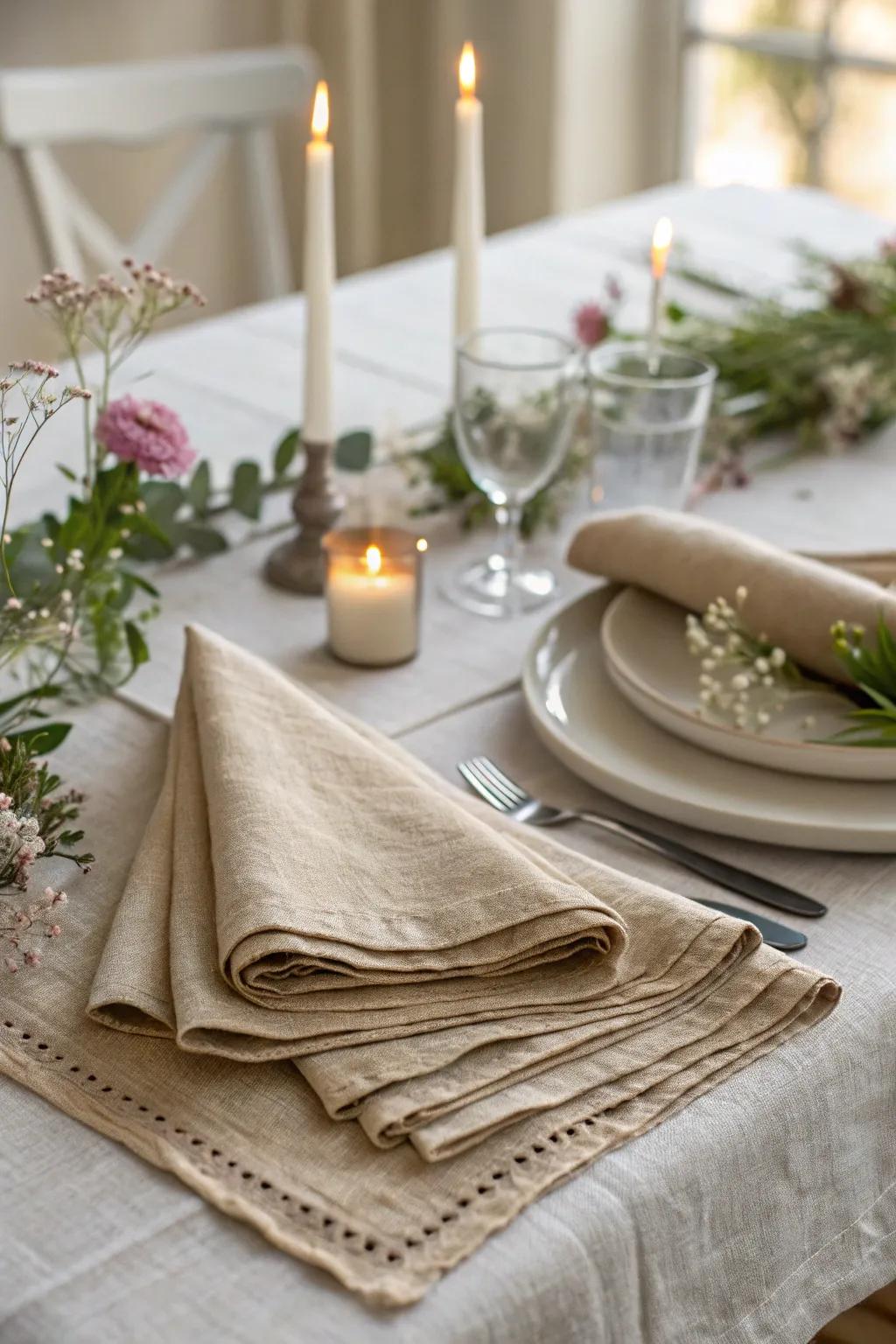 Natural linen napkins infuse warmth and texture into the table.