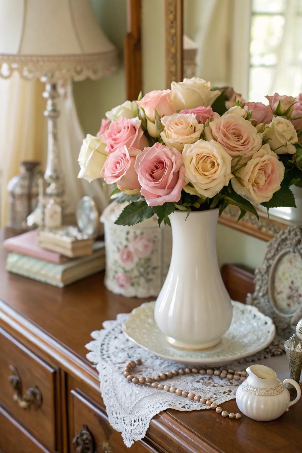 A pastel rose bouquet adds a soft accent to any area.