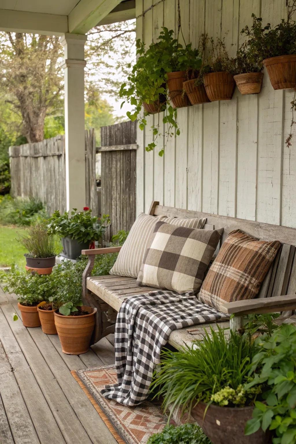 Get cozy on your porch with inviting fabrics.