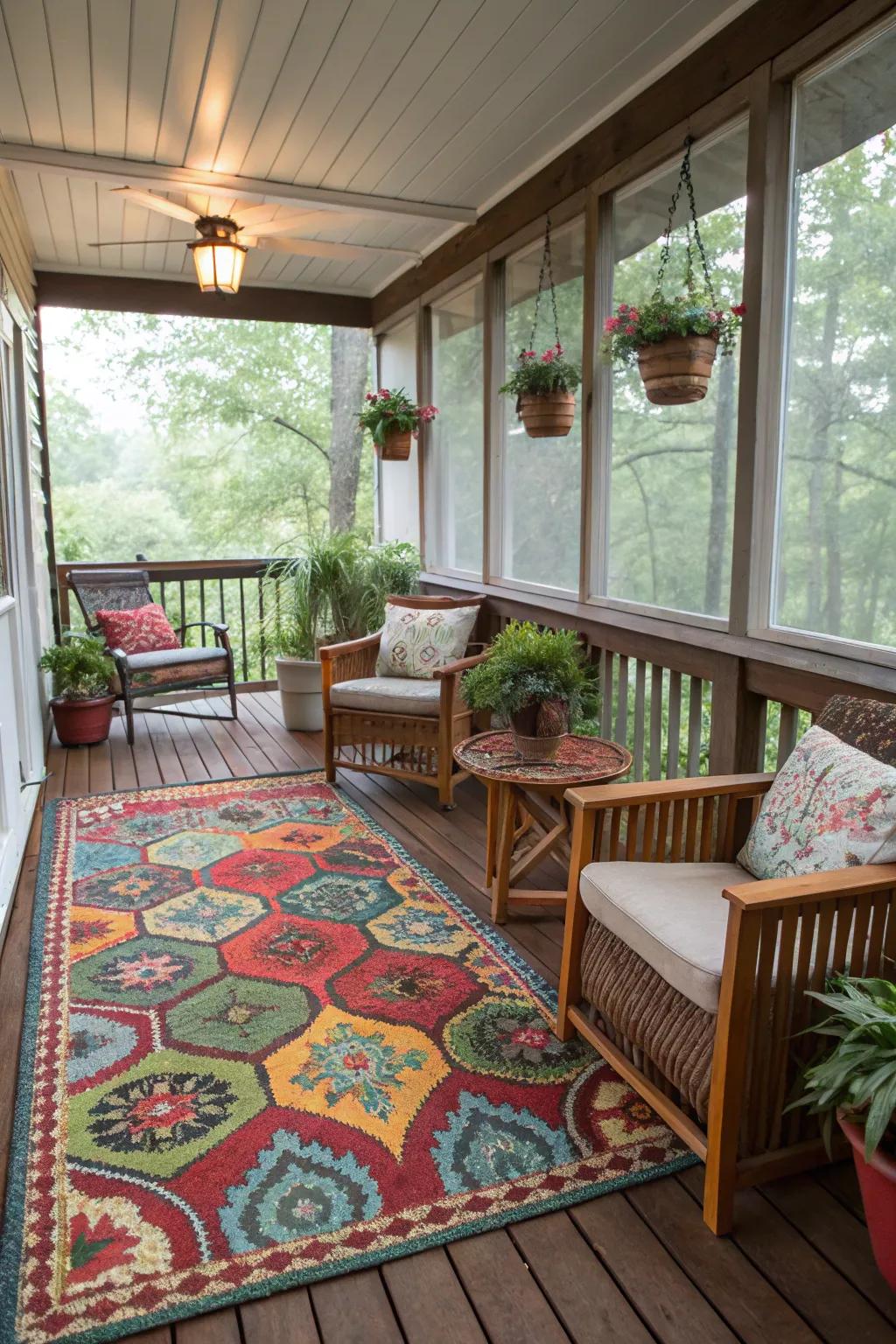 A colorful rug adding warmth to the porch