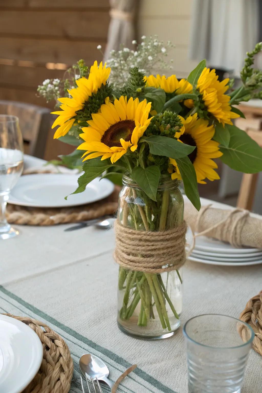 Rustic twine gives a charming character to any sunflower arrangement.
