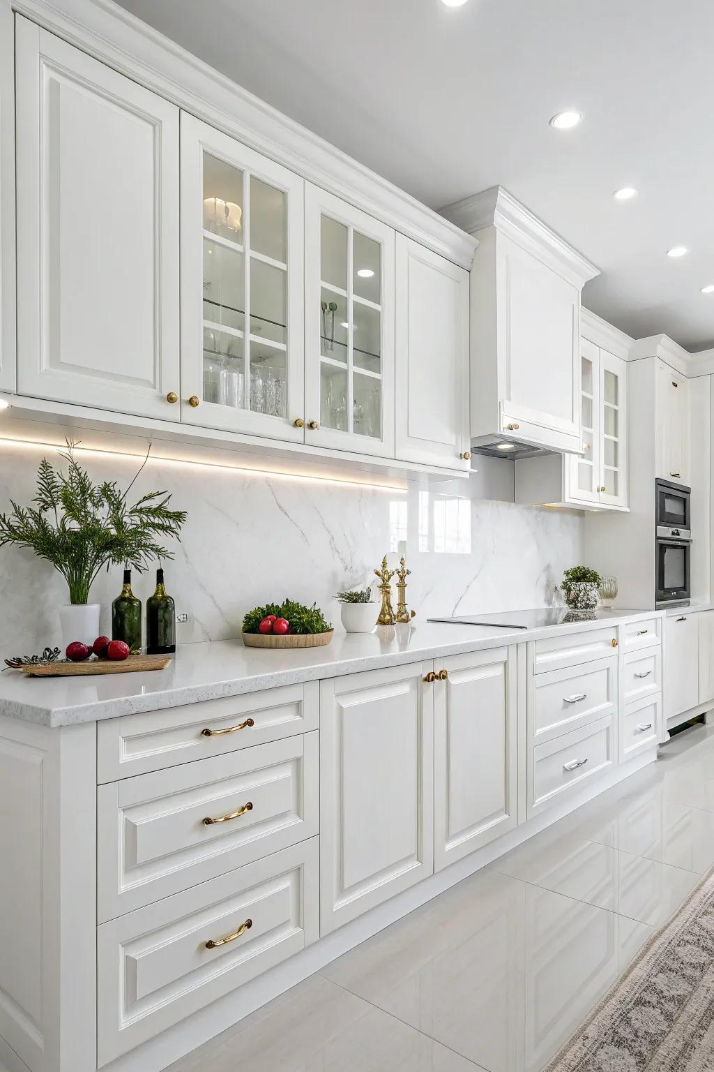 All-white cupboards create a smooth and elegant kitchen design.