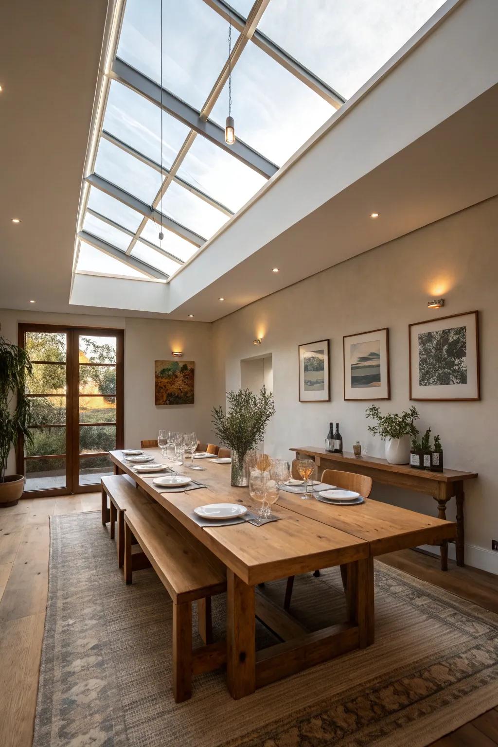 A dining area enhanced by the gentle illumination of a skylight.