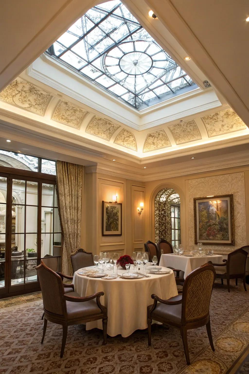 An elegant dining room featuring a skylight framed by decorative molding.