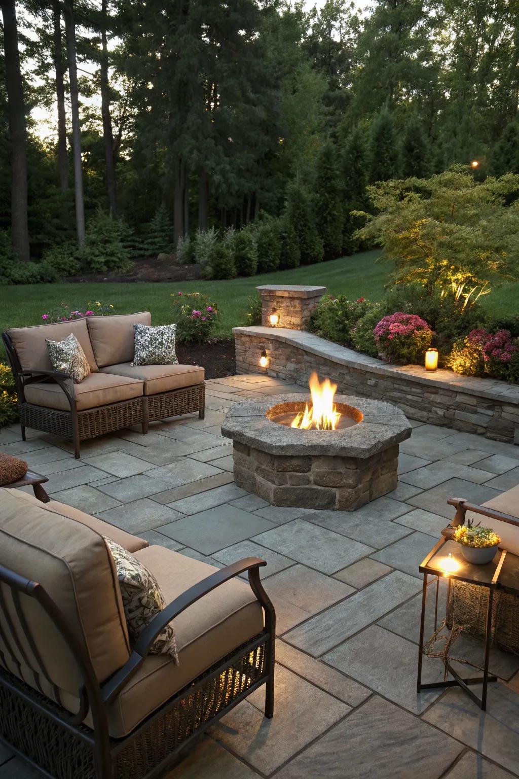 A slate patio with a toasty and welcoming fire pit.
