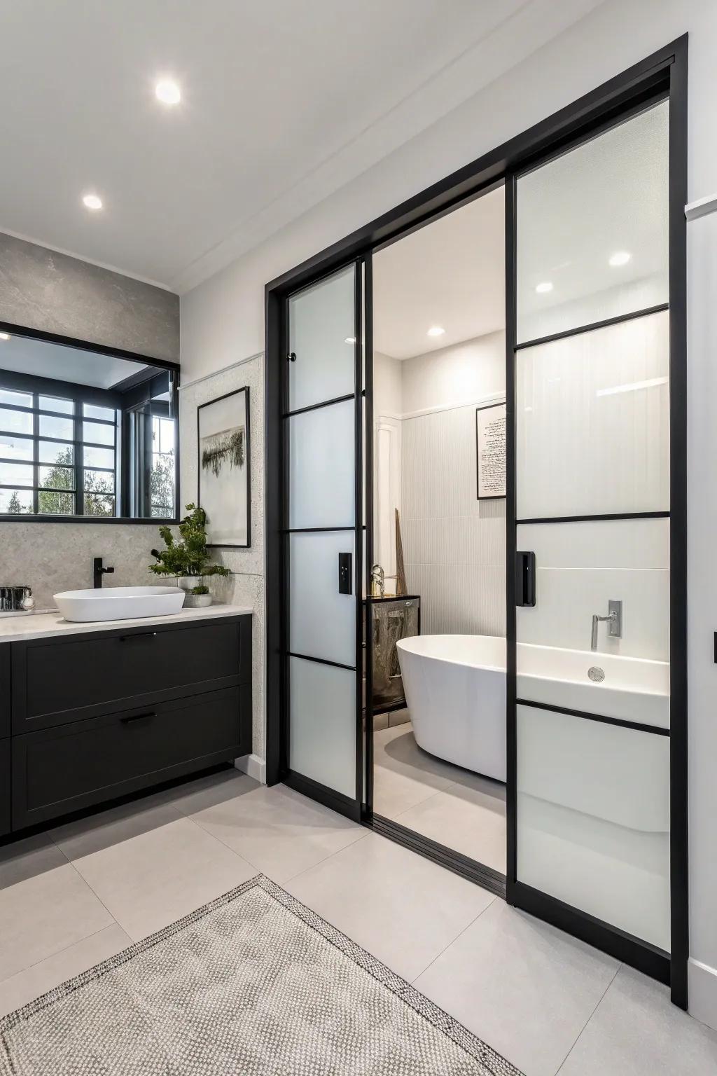 This bathroom is made more stylish by the addition of a sleek, minimalist black and white sliding door.