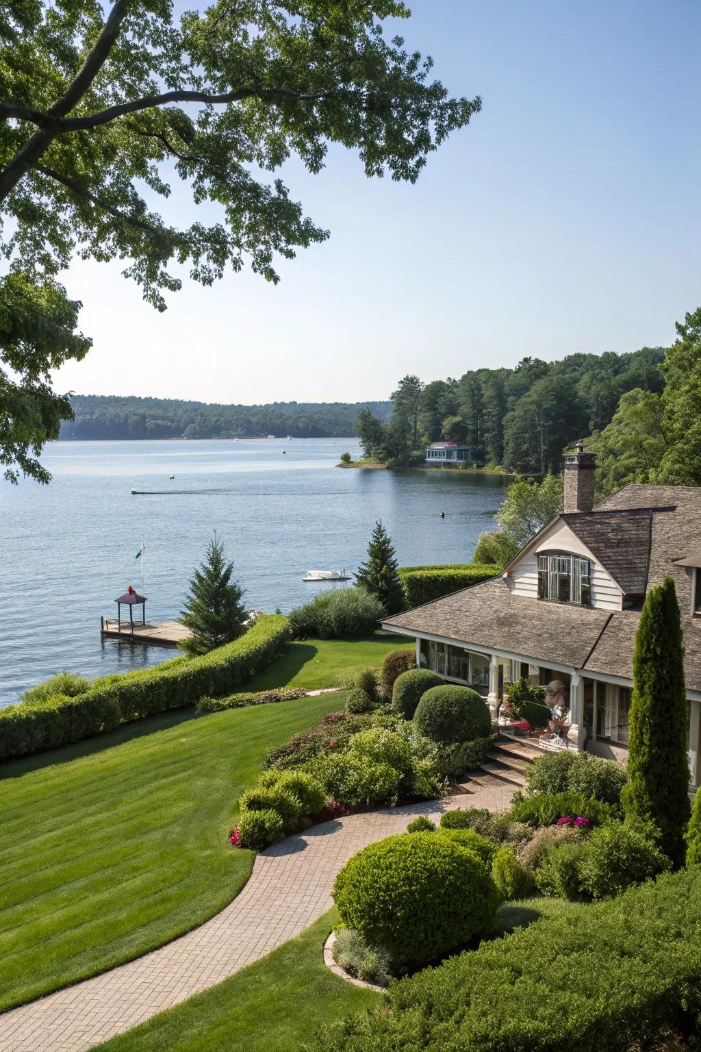 Amazing waterfront views are framed by thoughtful landscaping.
