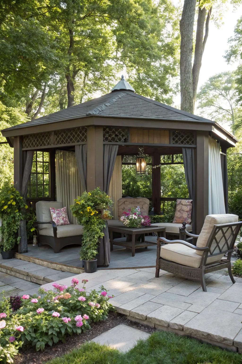 A small pavilion with comfy seating for unwinding.