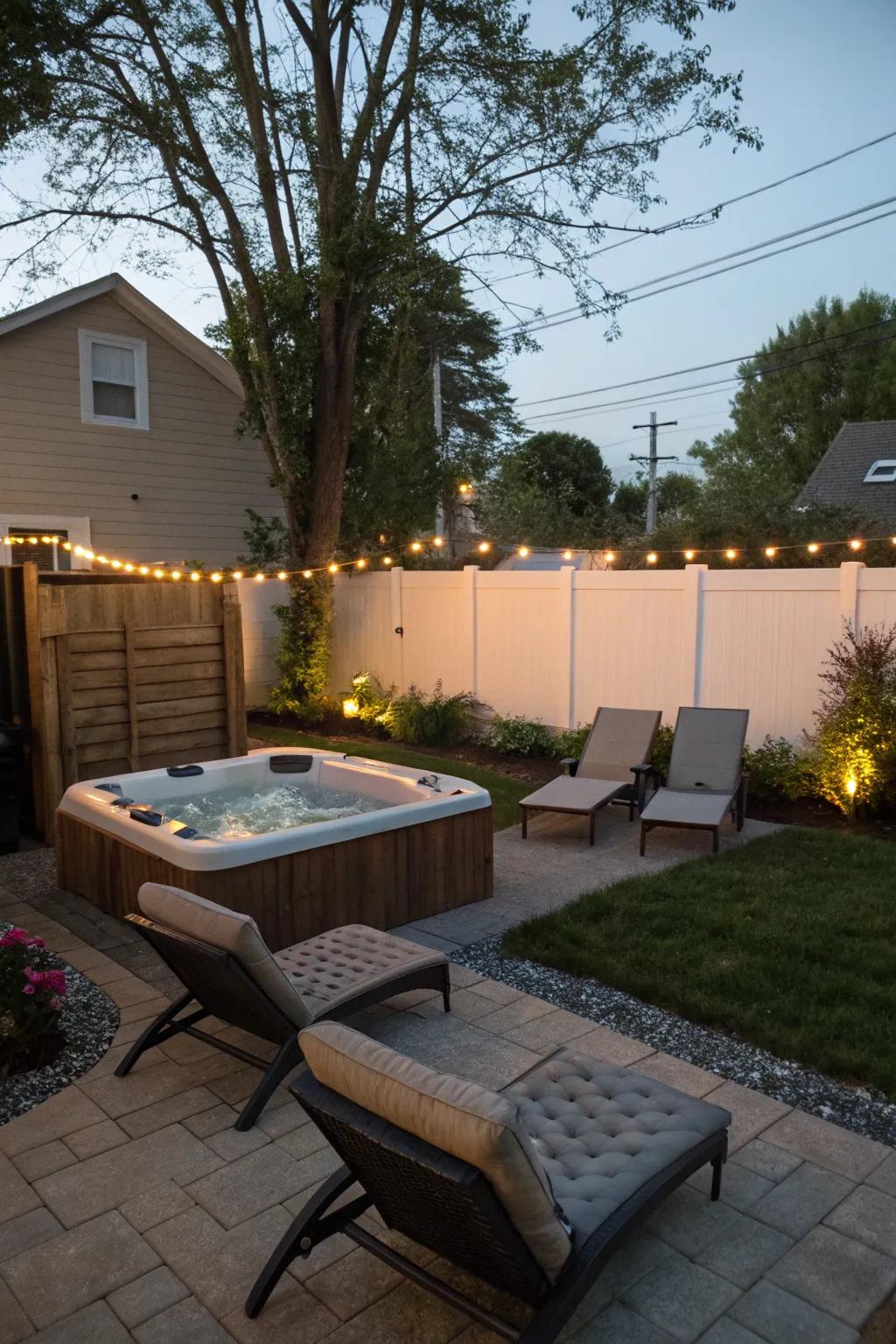 A small backyard featuring a hot tub and inviting lounge chairs for relaxation.