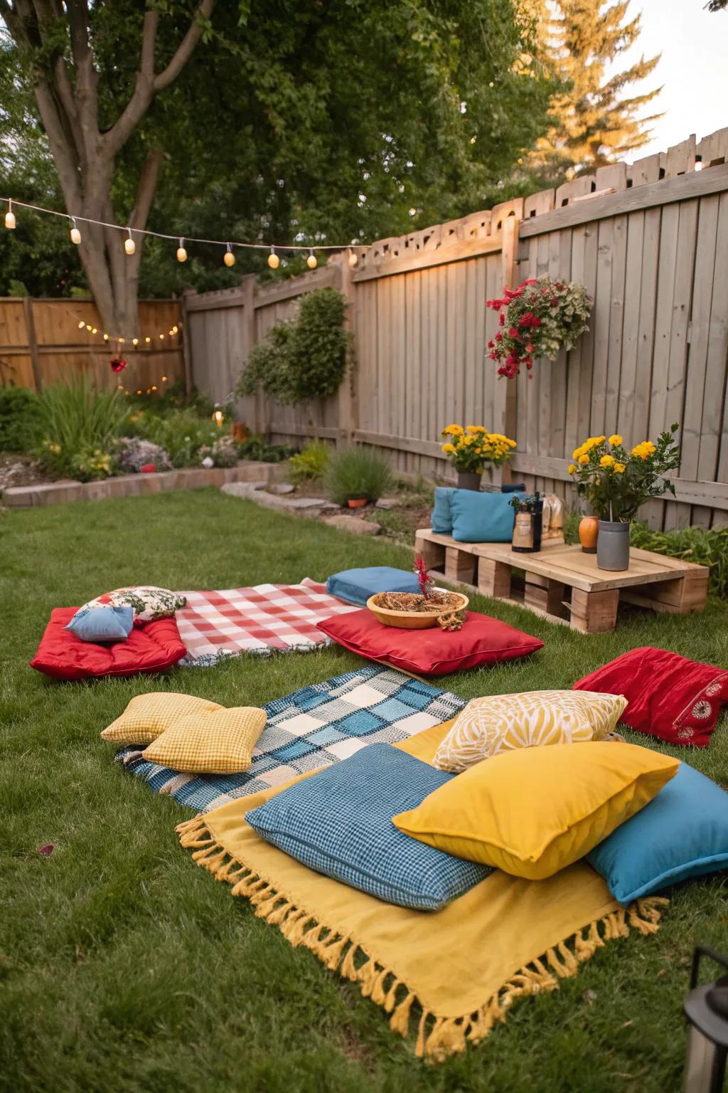 Inviting picnic-style seating featuring colorful textiles