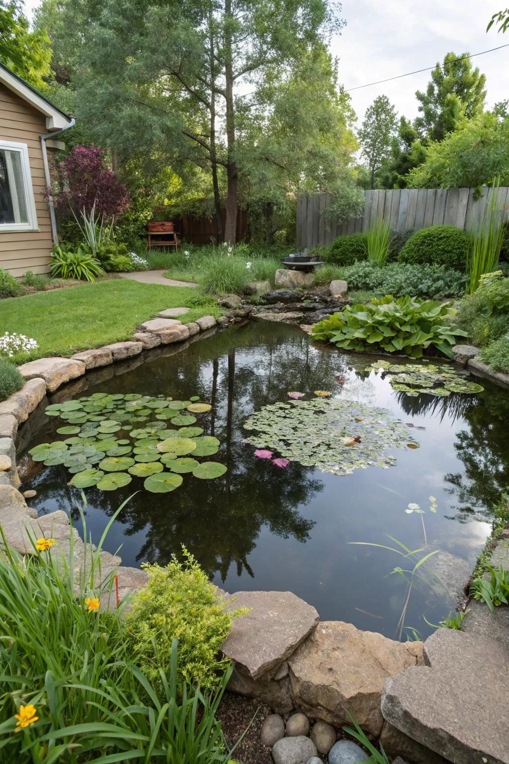 Lush aquatic plants lend vitality and color to this compact pond.