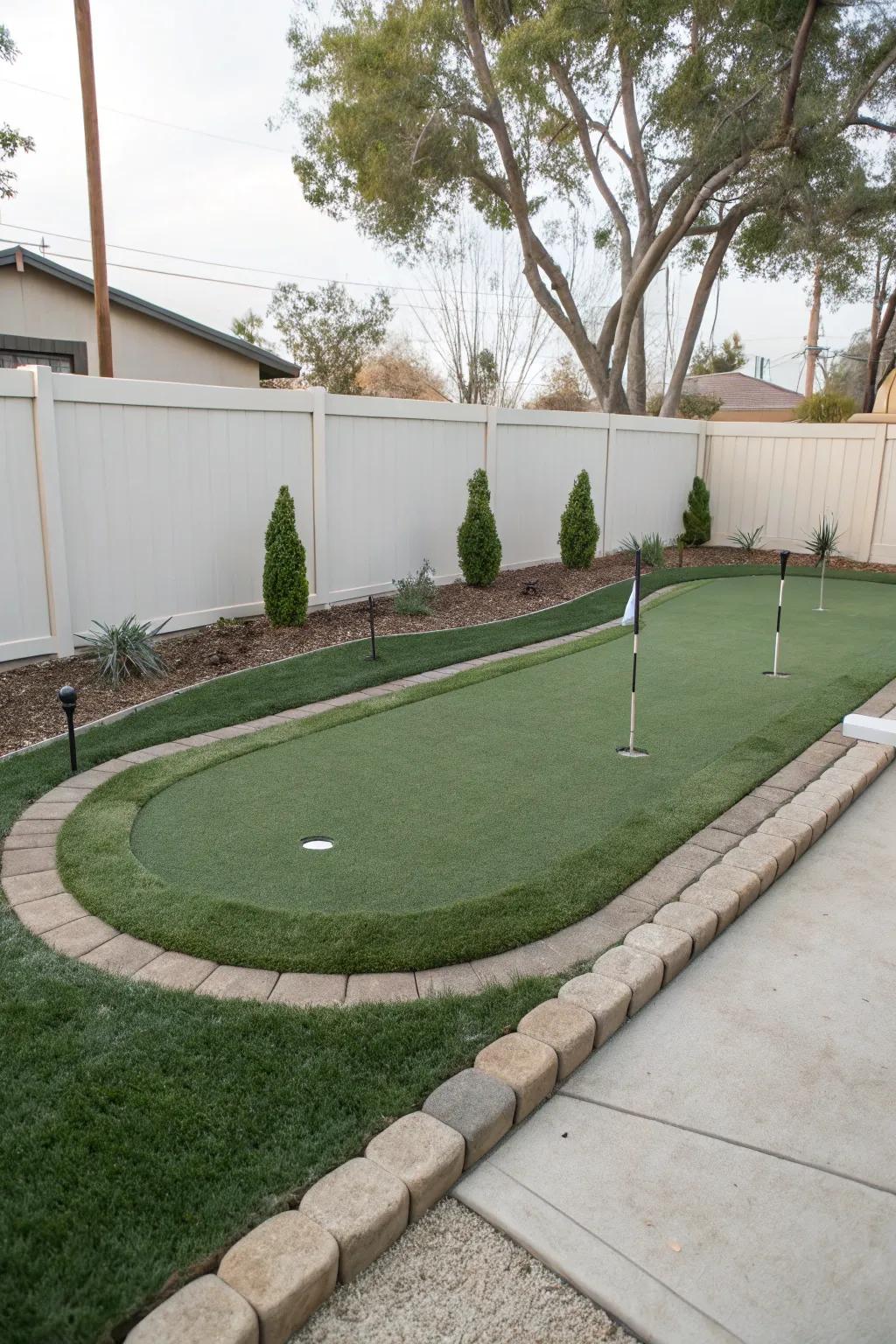 A sleek, minimalist putting green design in a small backyard.