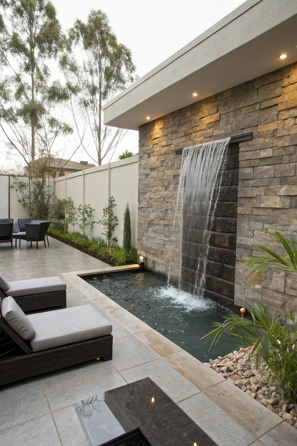 A wall-affixed cascade introduces a modern and sophisticated element to your garden.