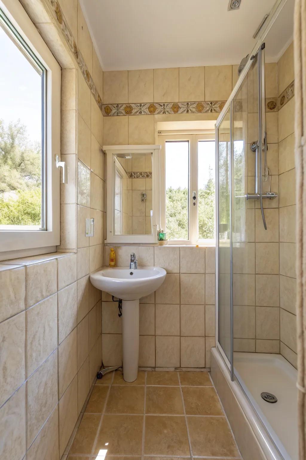 Pale cream tiles amplify natural light, resulting in a breezy and inviting setting.