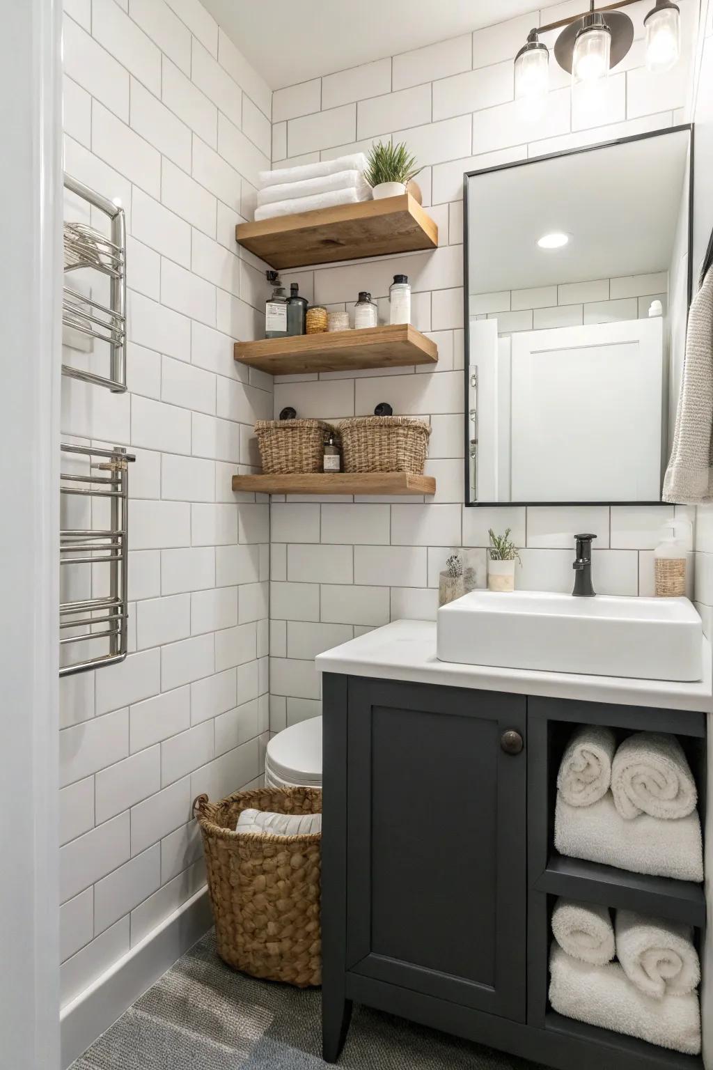 Open shelving offers storage while maintaining the space's airy feel.