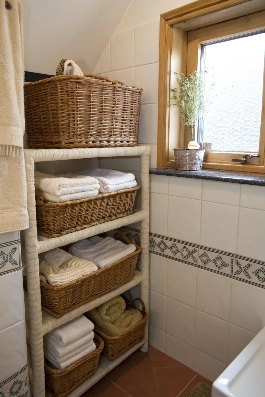 Baskets offer a country but tidy way to store items.