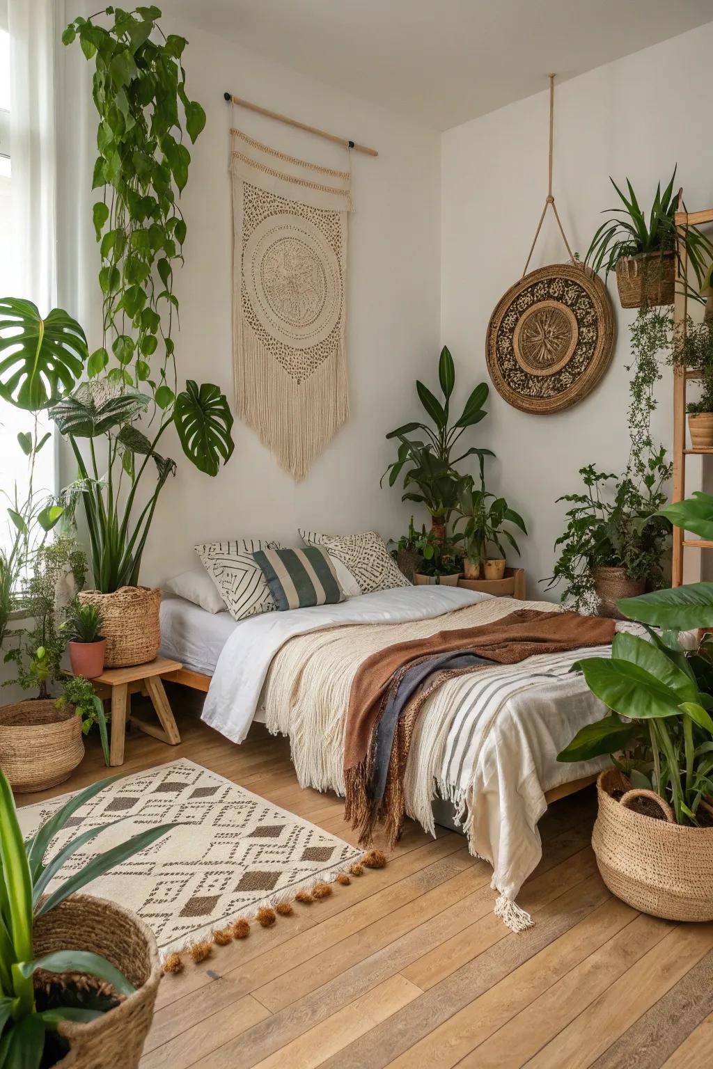 Natural components breathe vitality into this compact boho bedroom