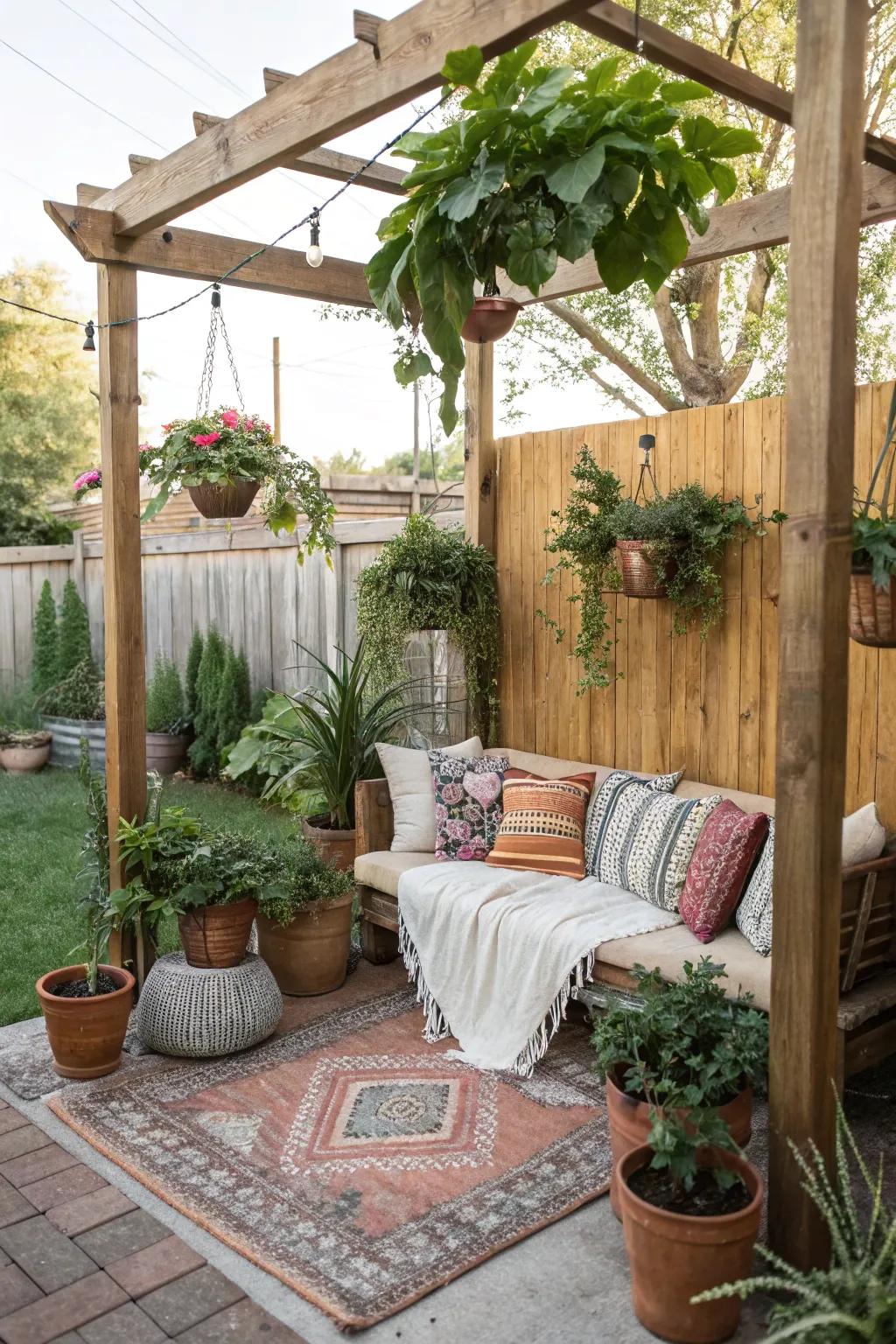 Hanging plants maximize space while introducing lush greenery.