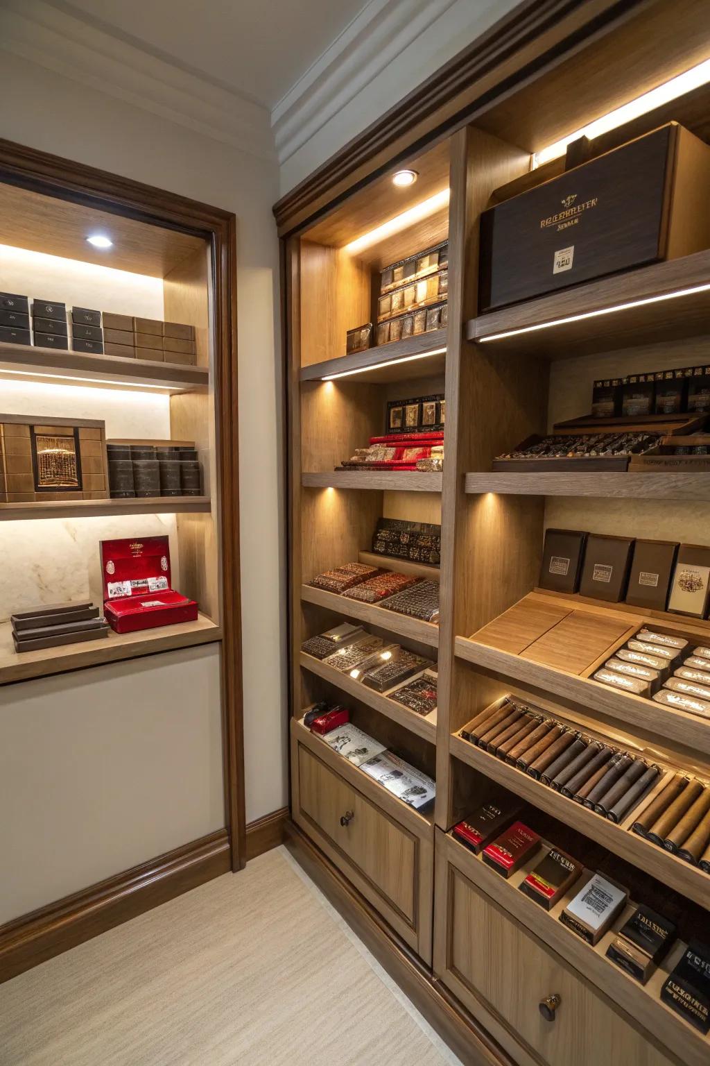 Efficient storage solutions keep this small cigar lounge organized and stylish.