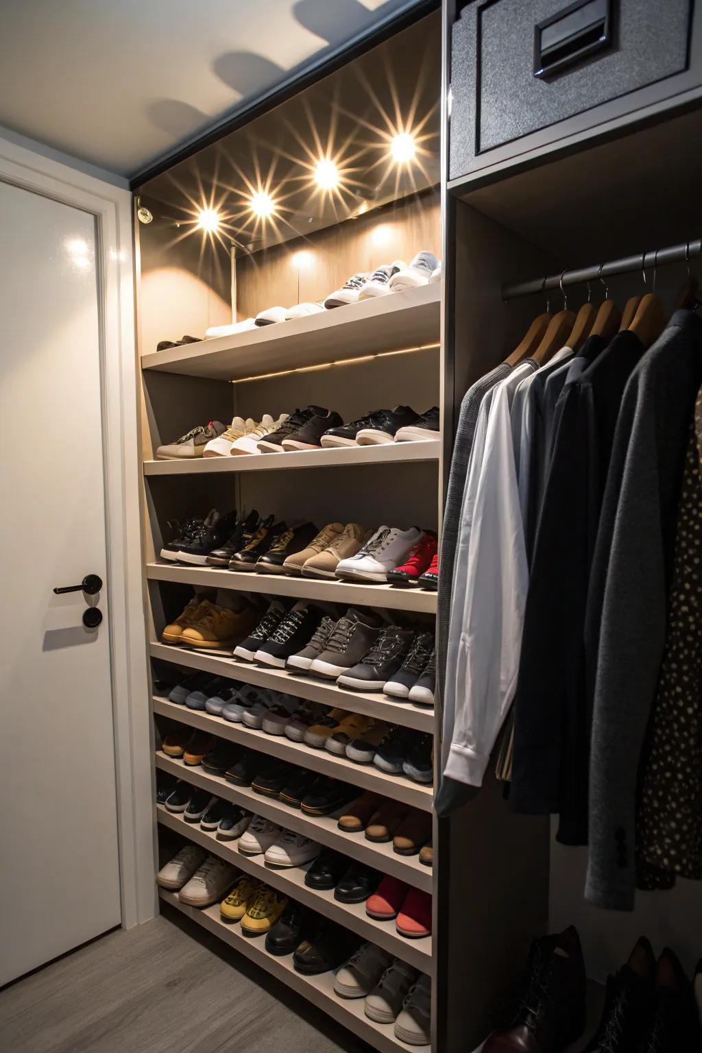 Spotlights draw attention to a neatly arranged footwear display.