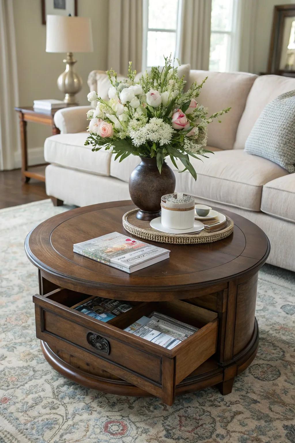 Round tables with concealed compartments provide style and practicality.