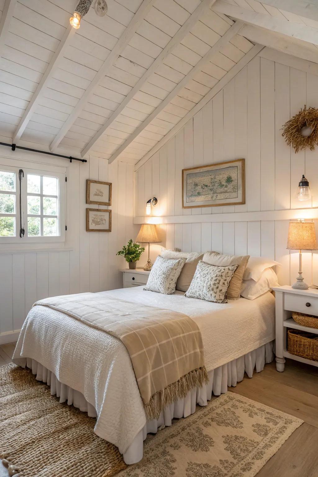 Subdued tones create an airy and peaceful cottage bedroom.