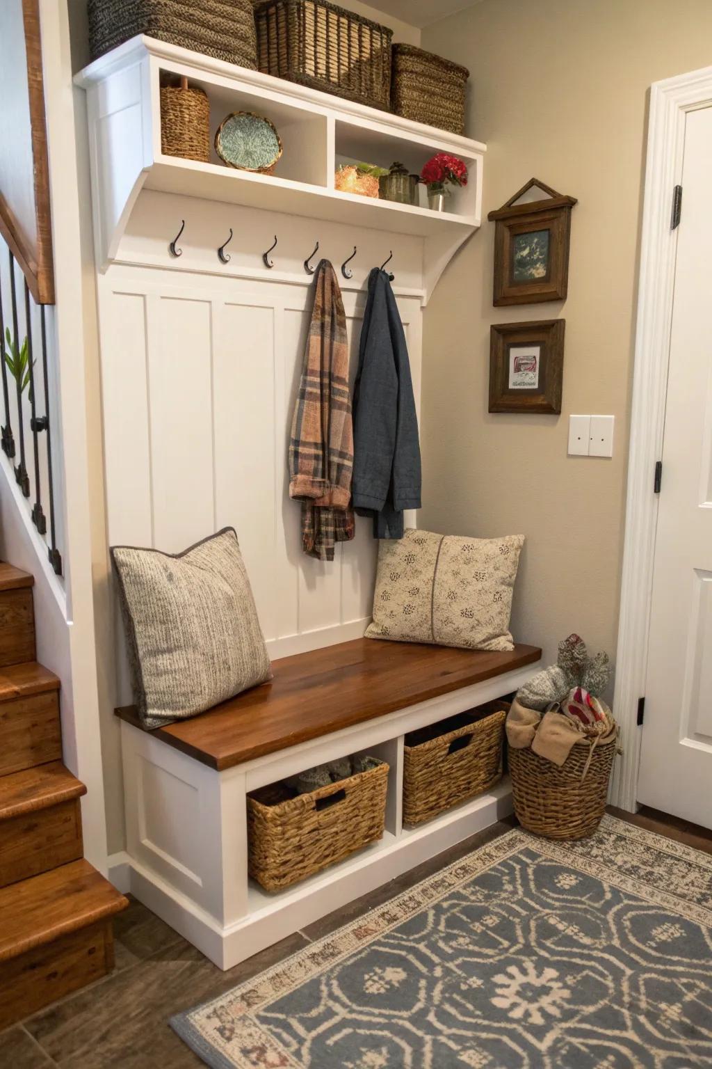 A versatile bench offers seating and storage combined.