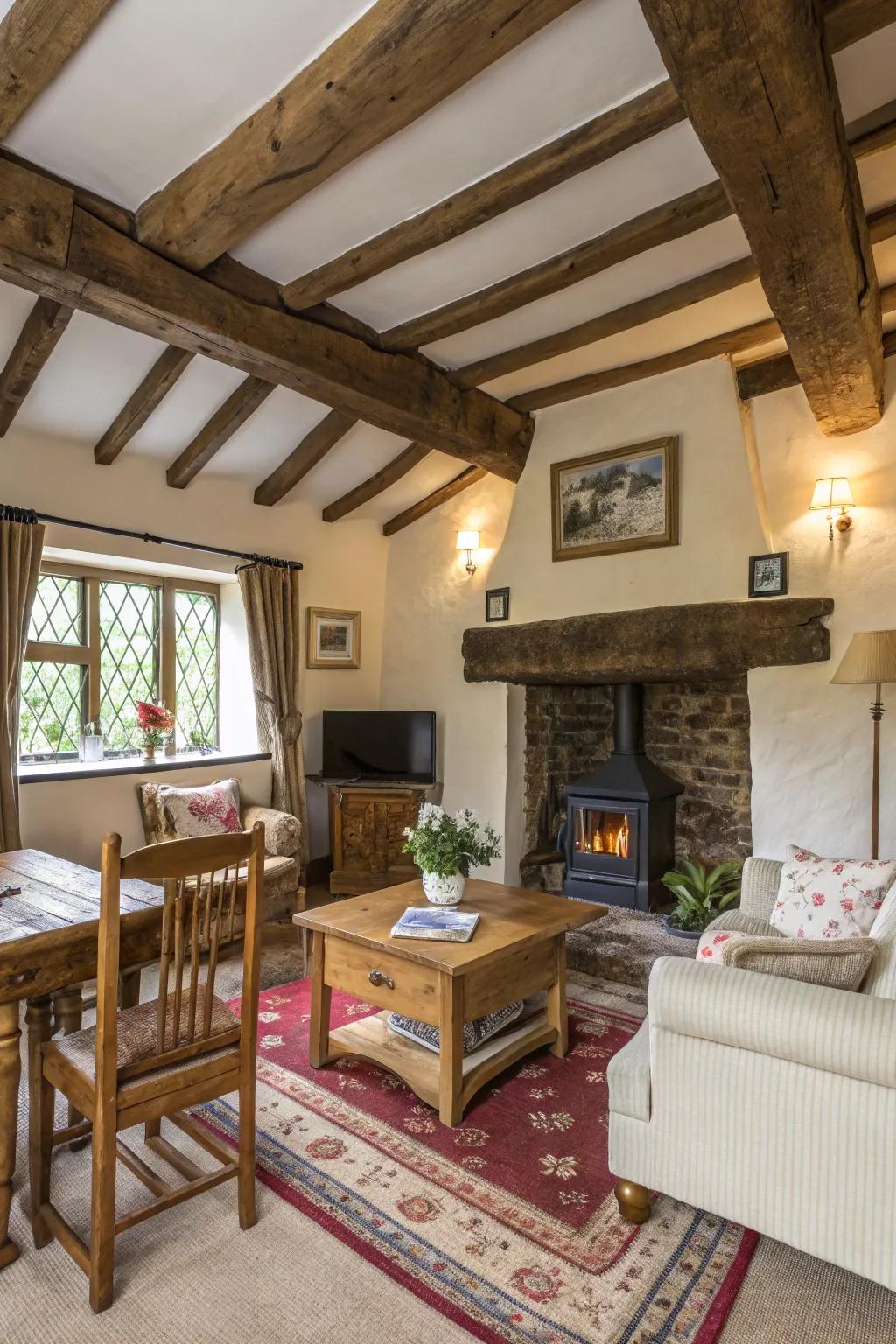 Country-style wood beams and furniture enhance the warmth of this cottage living space.
