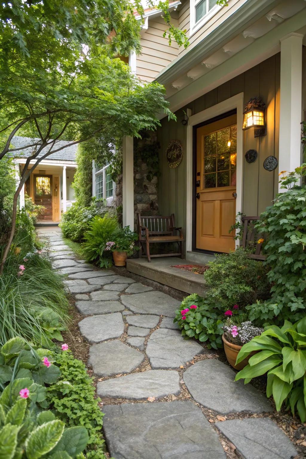 A stone pathway creates an appealing guide to the entrance.