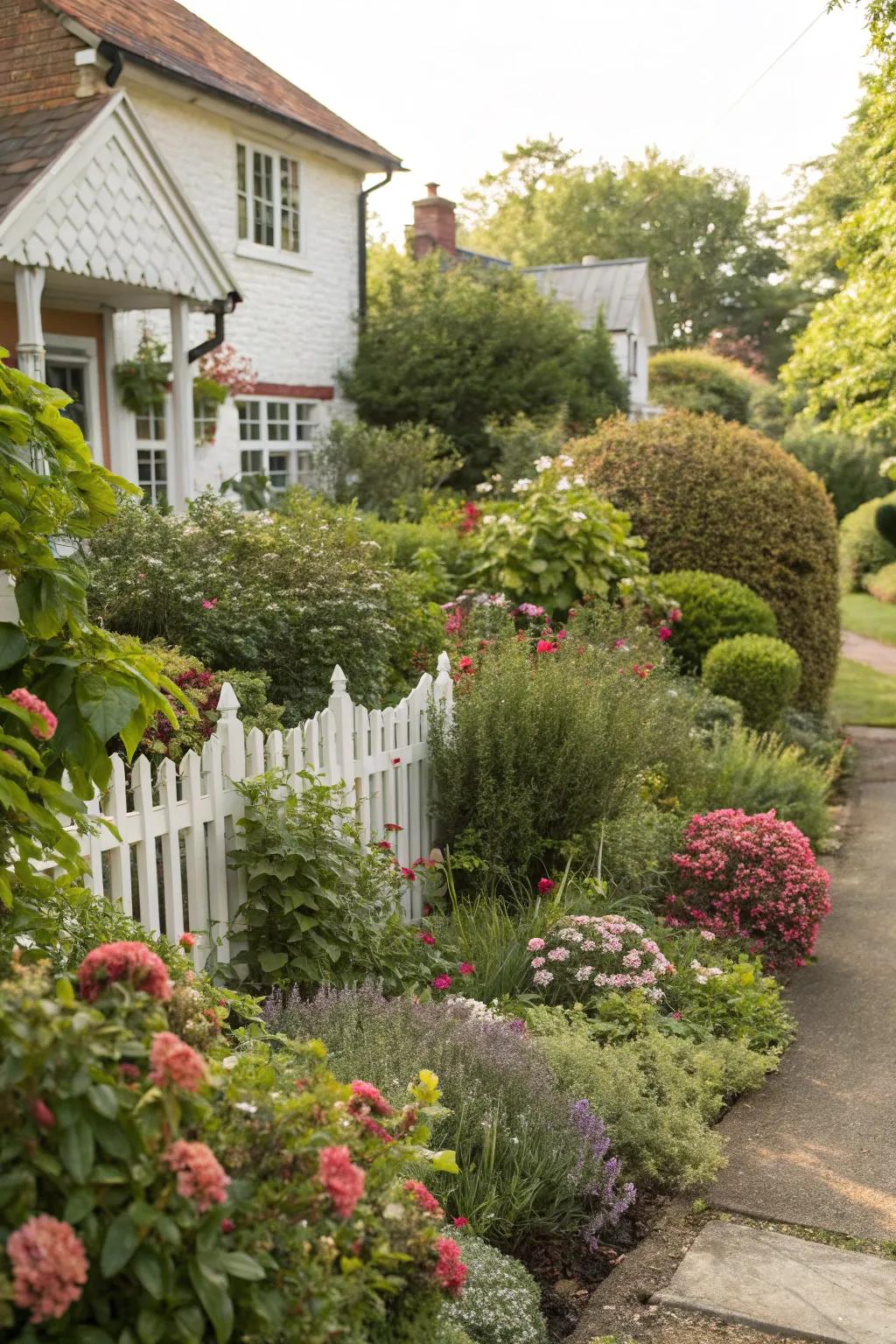 A lively assortment of bushes and blooming plants in a small front garden.