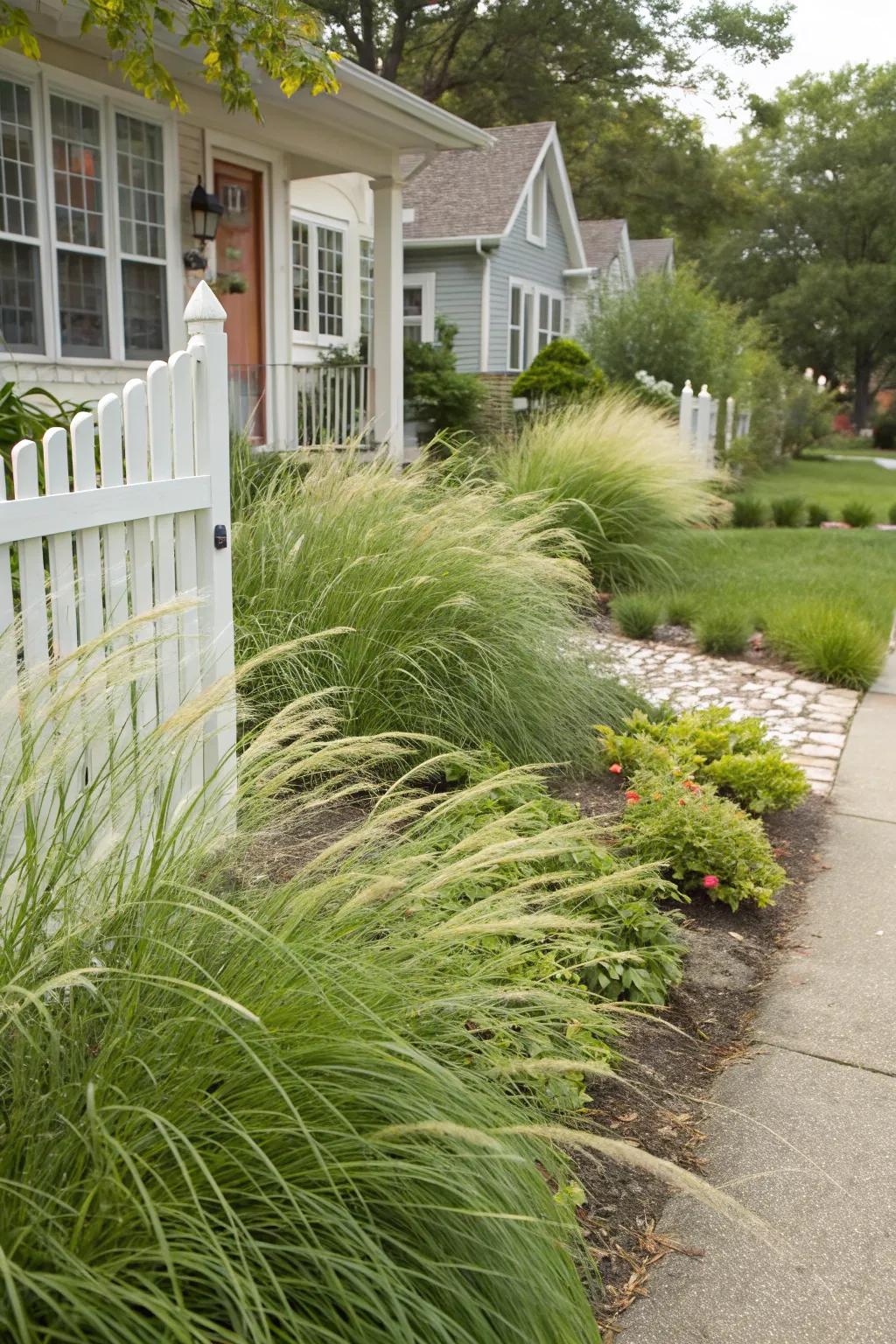 Ornamental grasses bring texture and movement to the outdoor space.