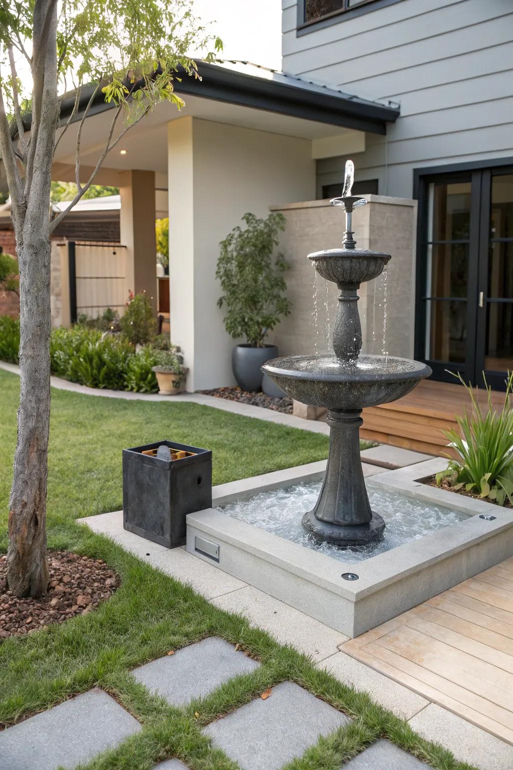 A metal sculpture fountain brings a modern touch.