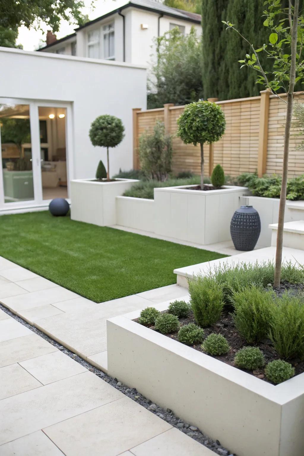 A minimalist garden with synthetic turf highlighting simple lines and elegance.