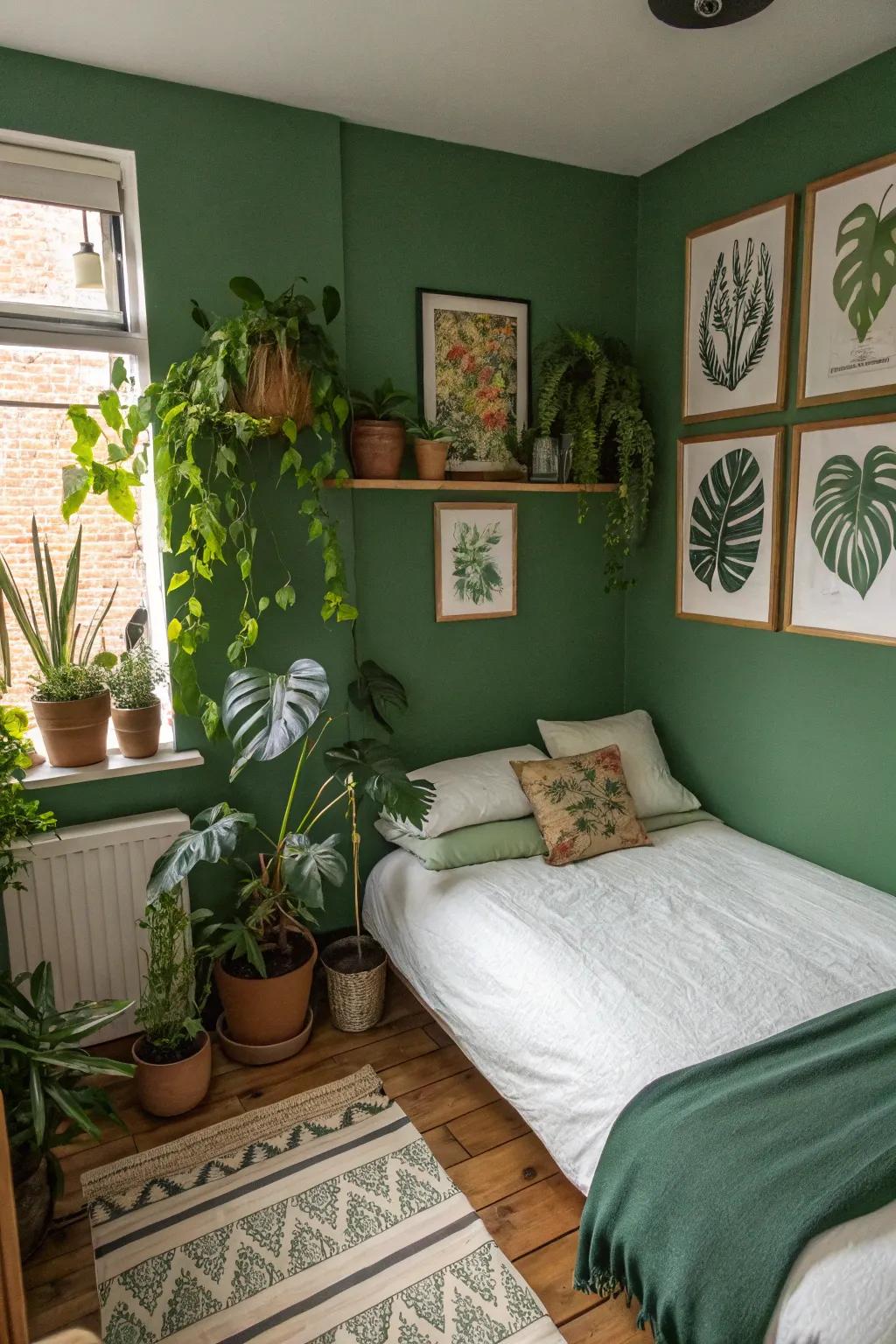 Organic elements like plants enhance the verdant theme.