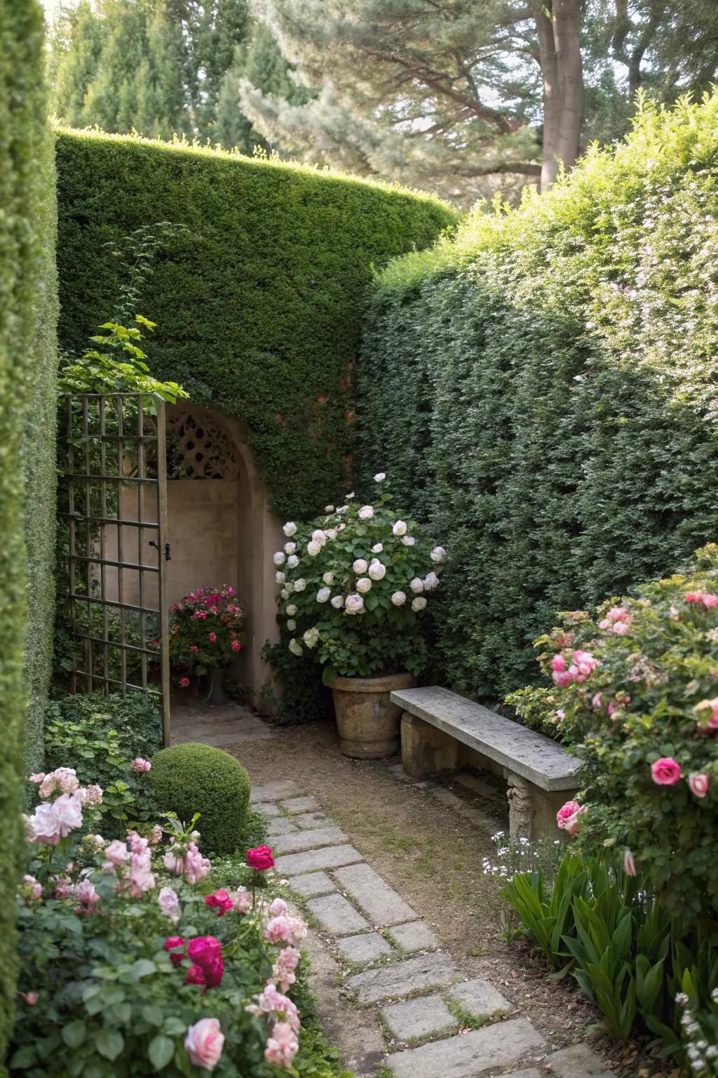 Taller hedges fashion a private garden haven.