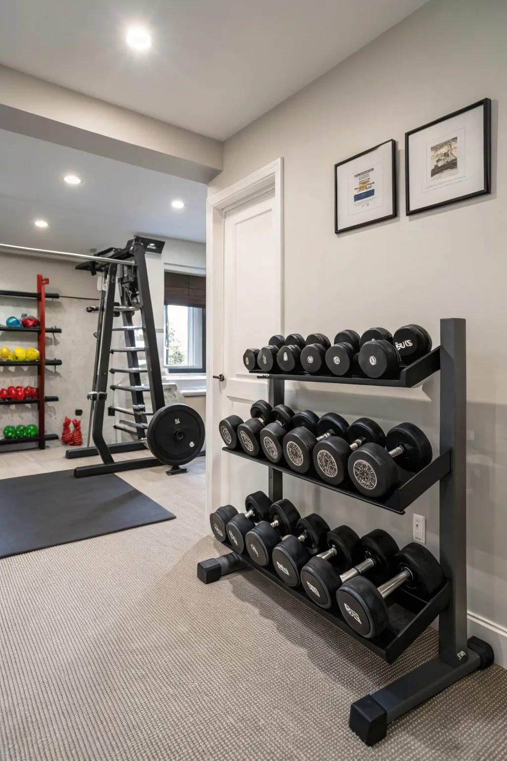 A storage stand for free weights maintains a tidy and organized small gym.