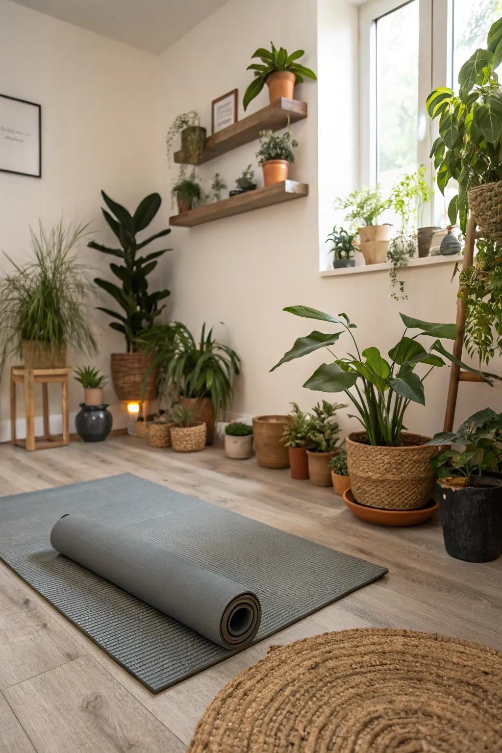 Yoga room corner featuring potted plants that add a natural element.