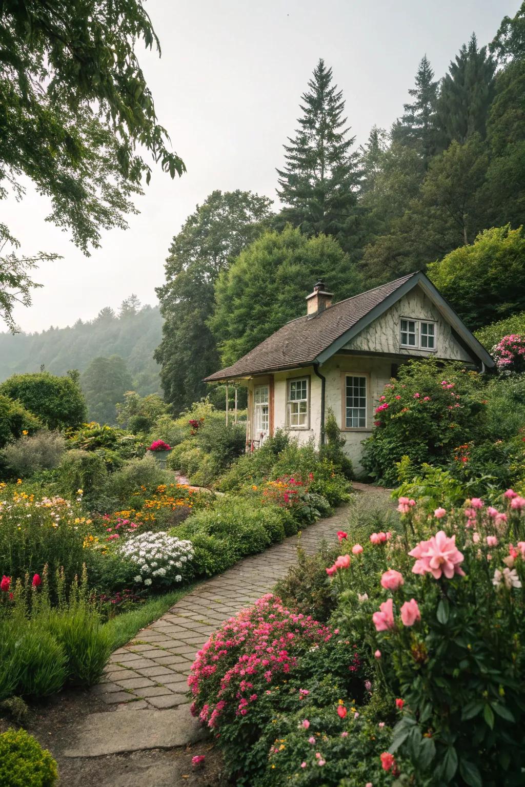 Lush greenery enhances the charm and calmness of a small residence.