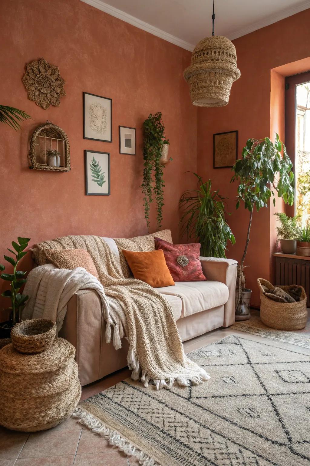 A small living room where terracotta walls foster a warm atmosphere.