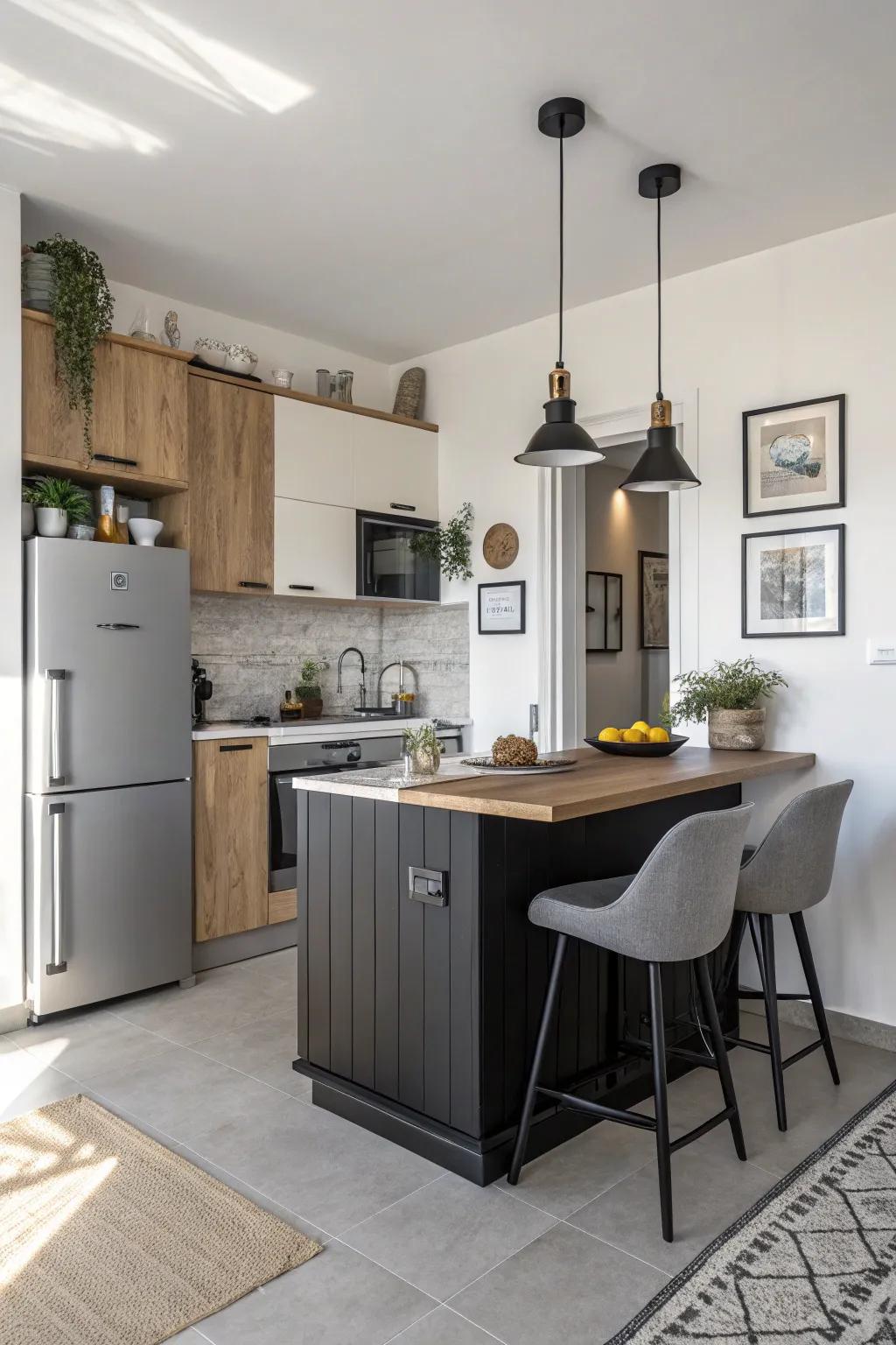 A dark island against light walls, creating depth and elegance.