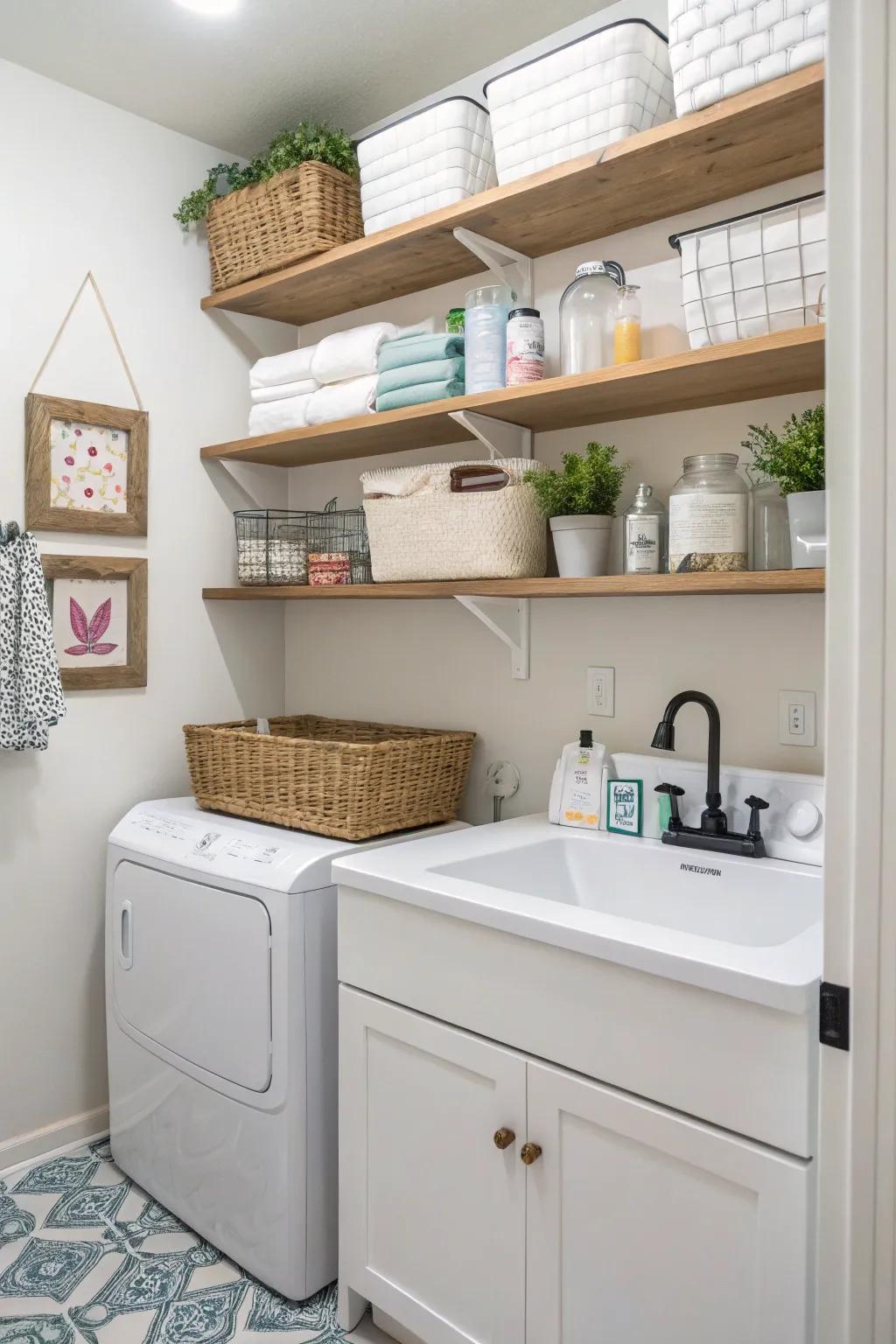 Take advantage of vertical space with elegant elevated shelving units.
