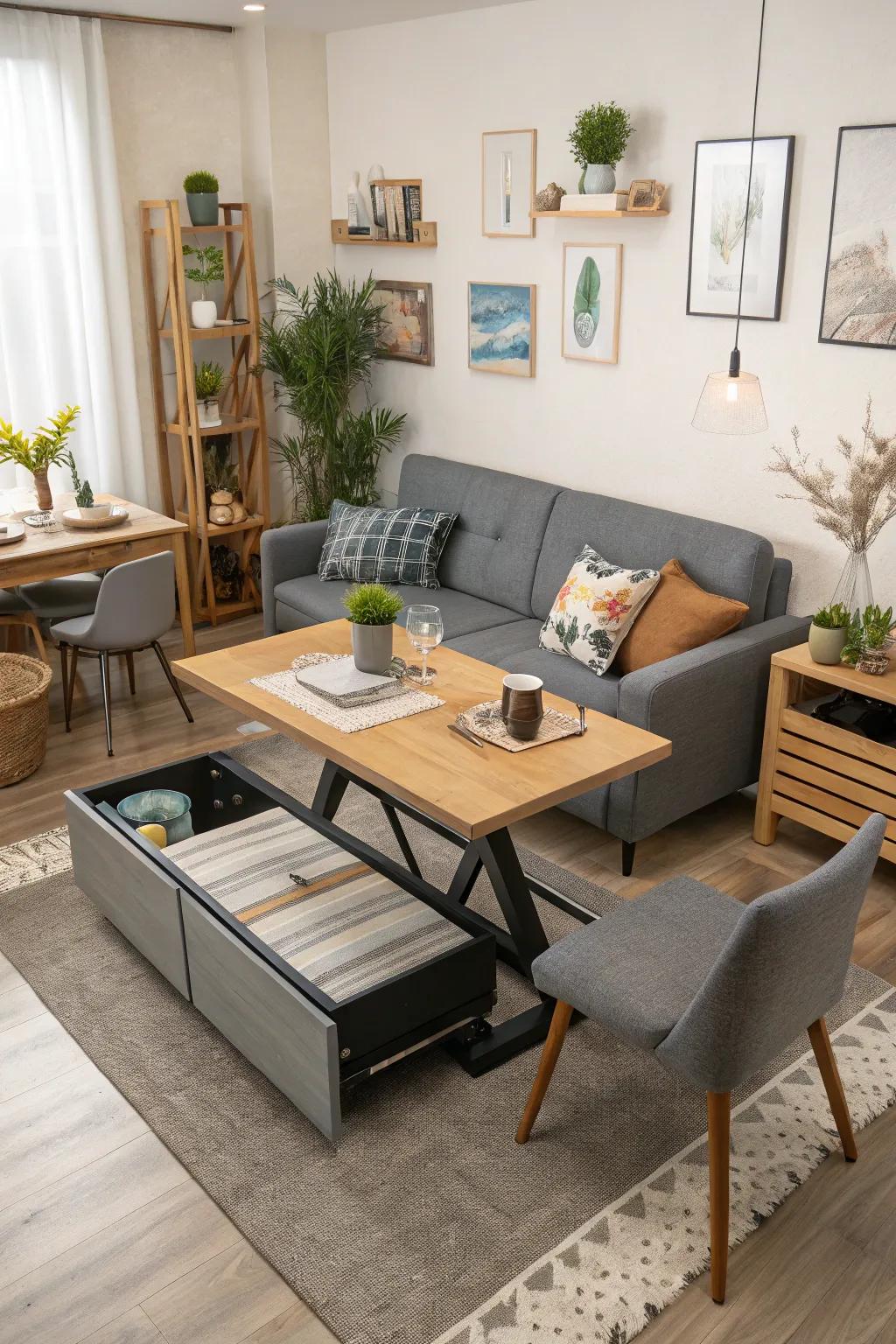 Multi-use furniture maximizing space and functionality.
