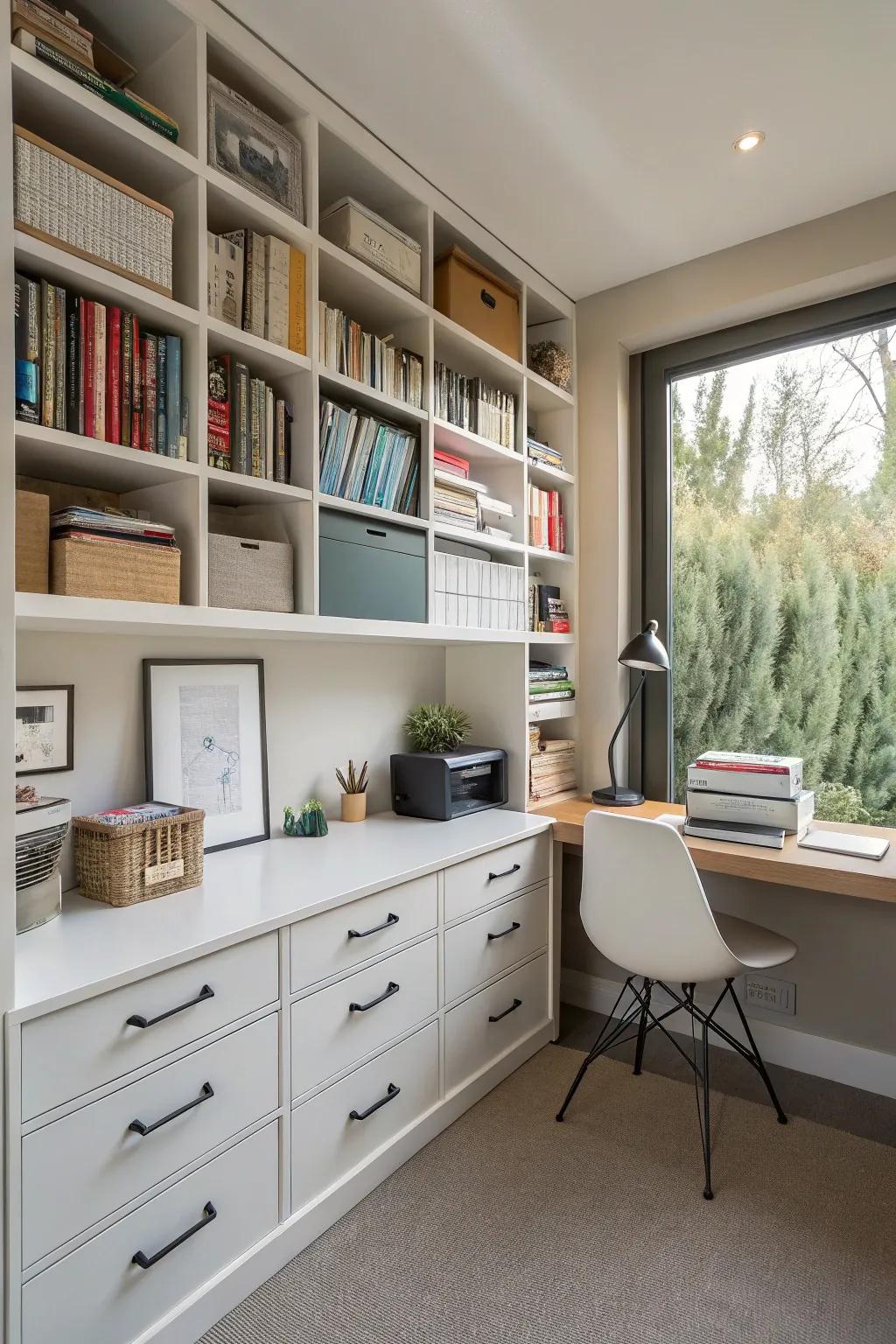 High storage options in a small office help maximize space utilization.