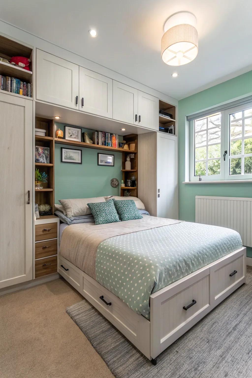 Clever furniture choices maximize space in a small master bedroom.