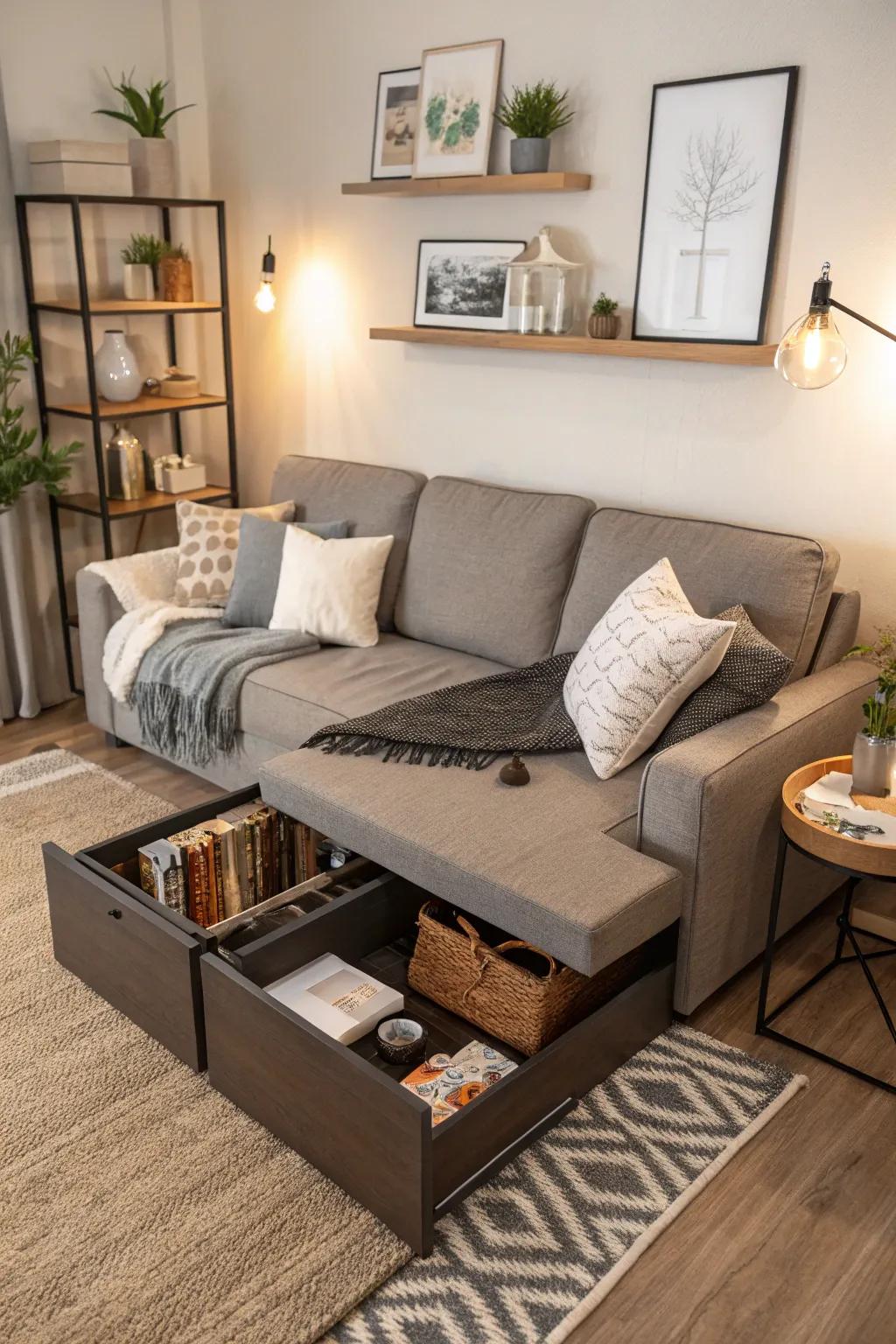 Multi-purpose furnishings that conserve area.