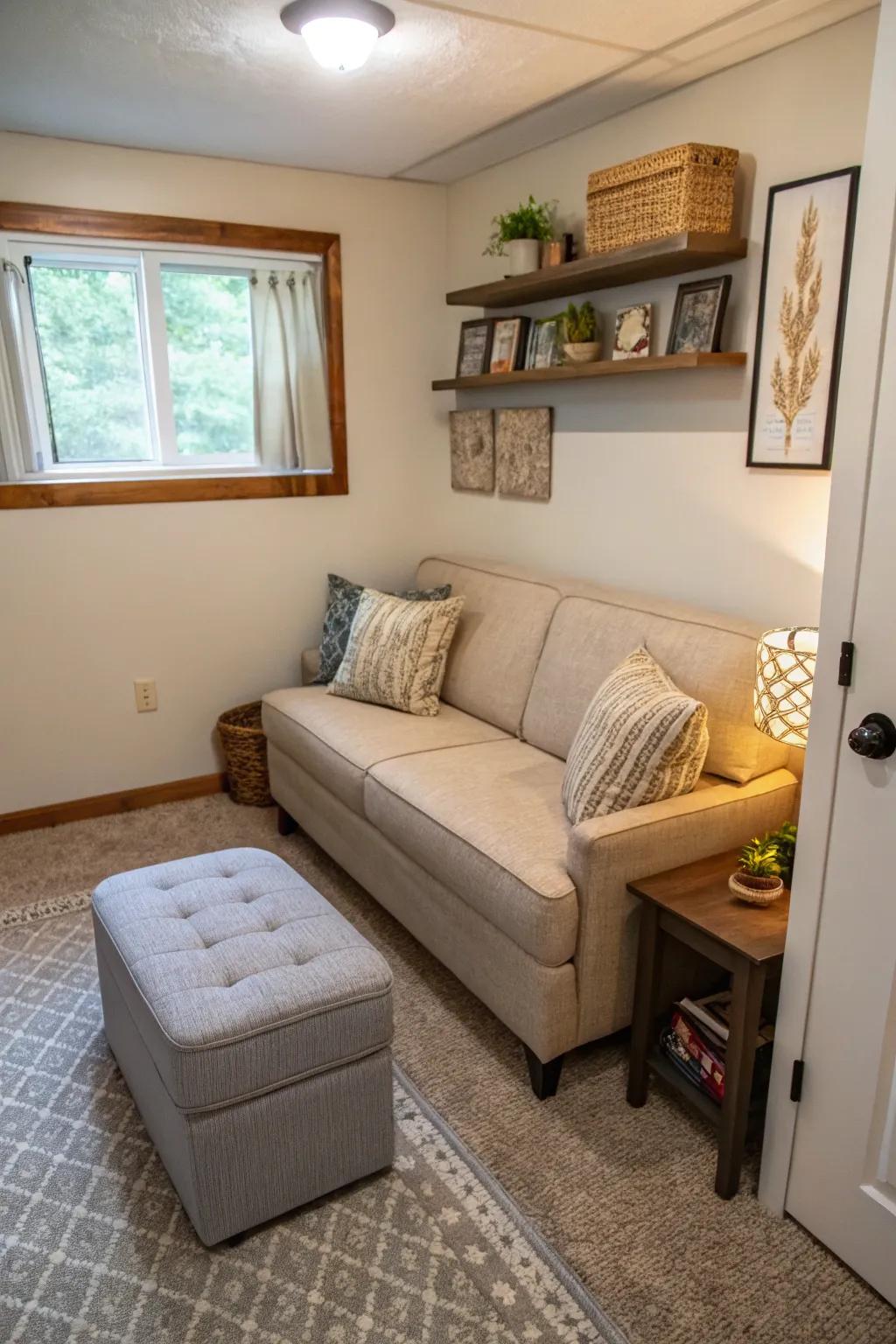 Flexible furnishings optimize usefulness in limited areas.