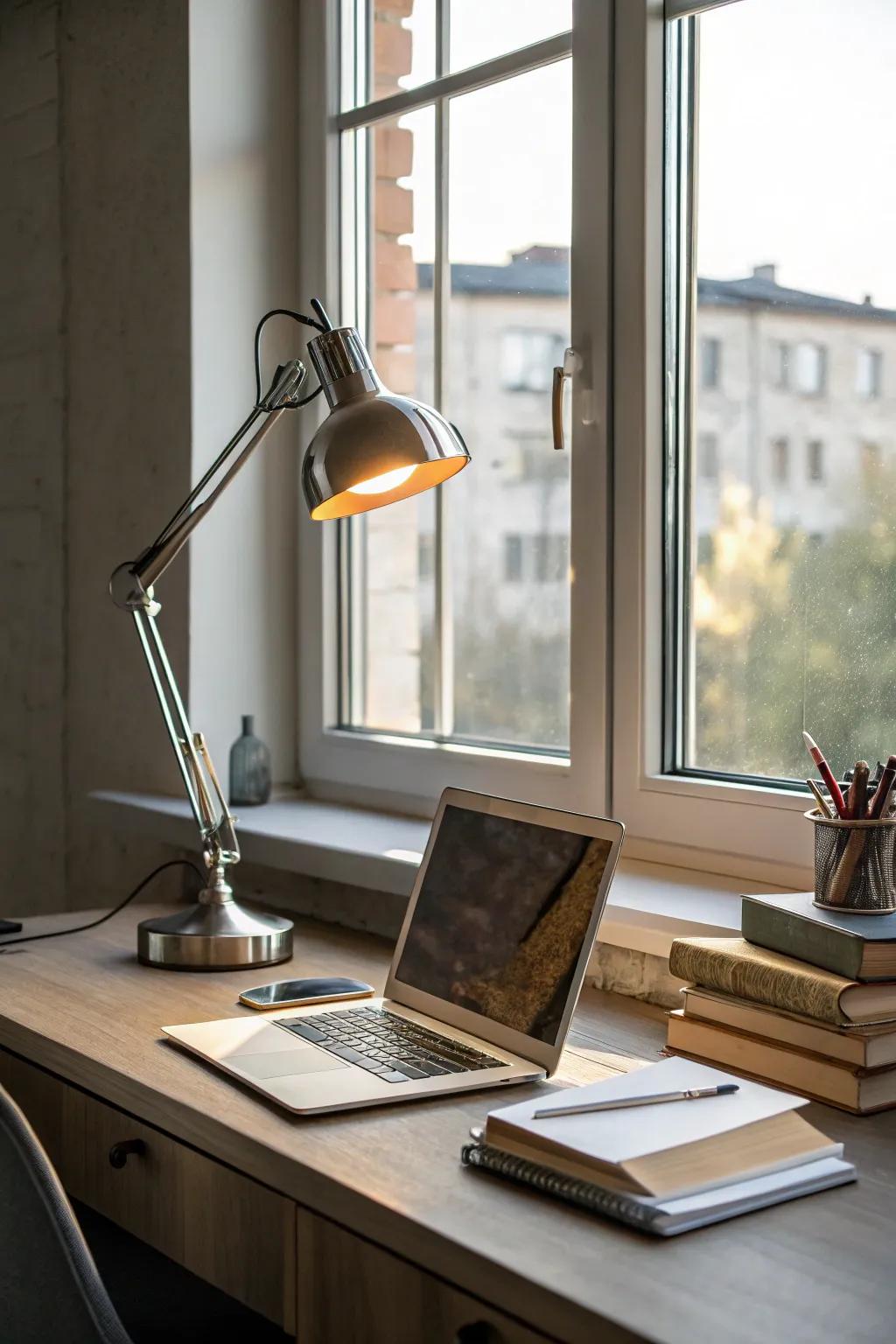 A mix of natural and artificial lighting enhances the ambiance of a small workspace.
