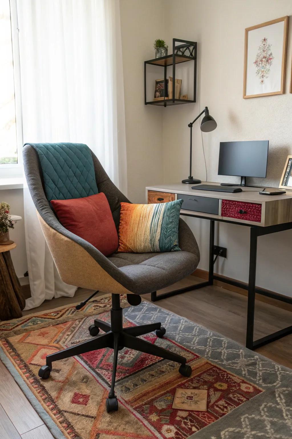 A supportive chair adds comfort and style to your small office.
